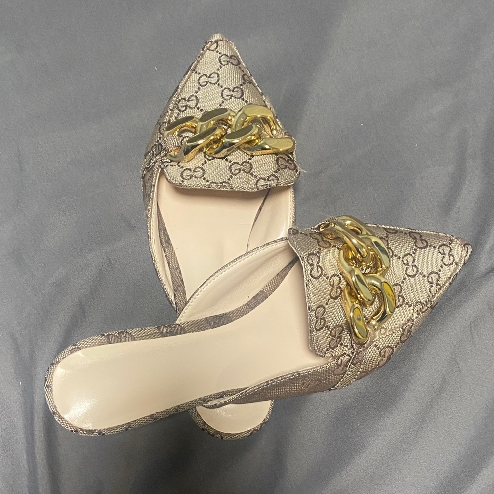 Beige Mules with Gold Chain Detail